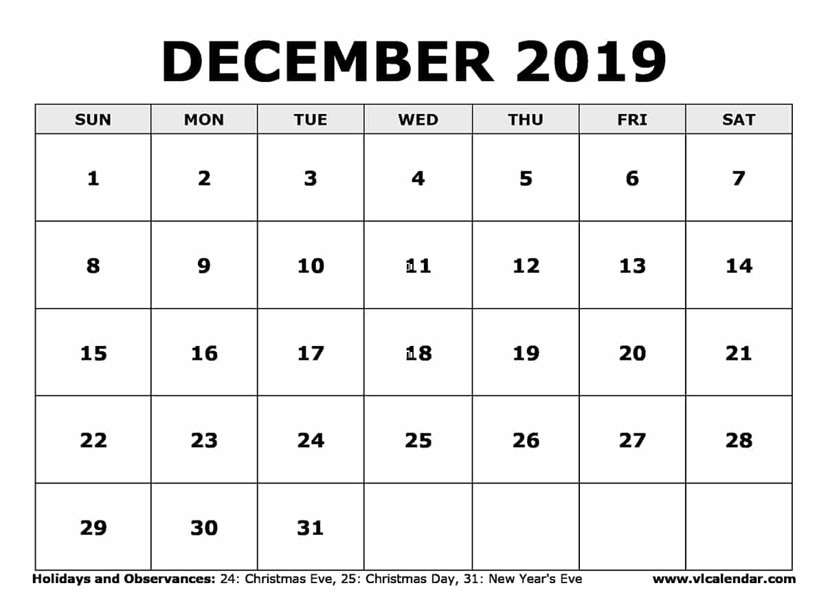December 2019 Calendar Printable Templates