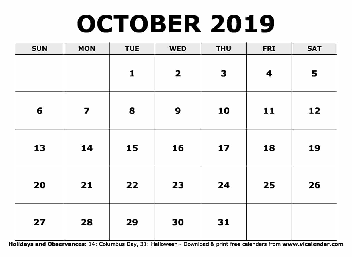 October 2019 Calendar Printable Templates on We Heart It