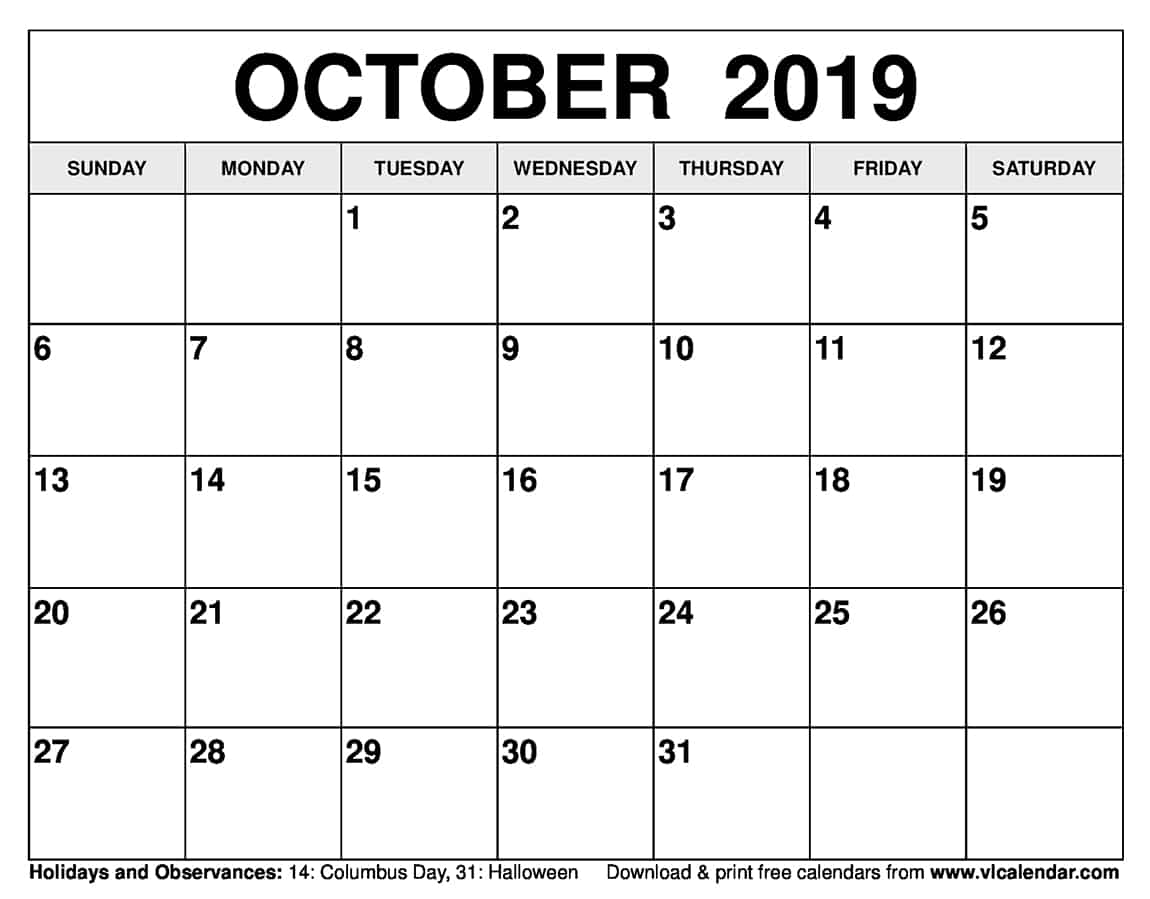 October 2019 Calendar Printable Templates on We Heart It