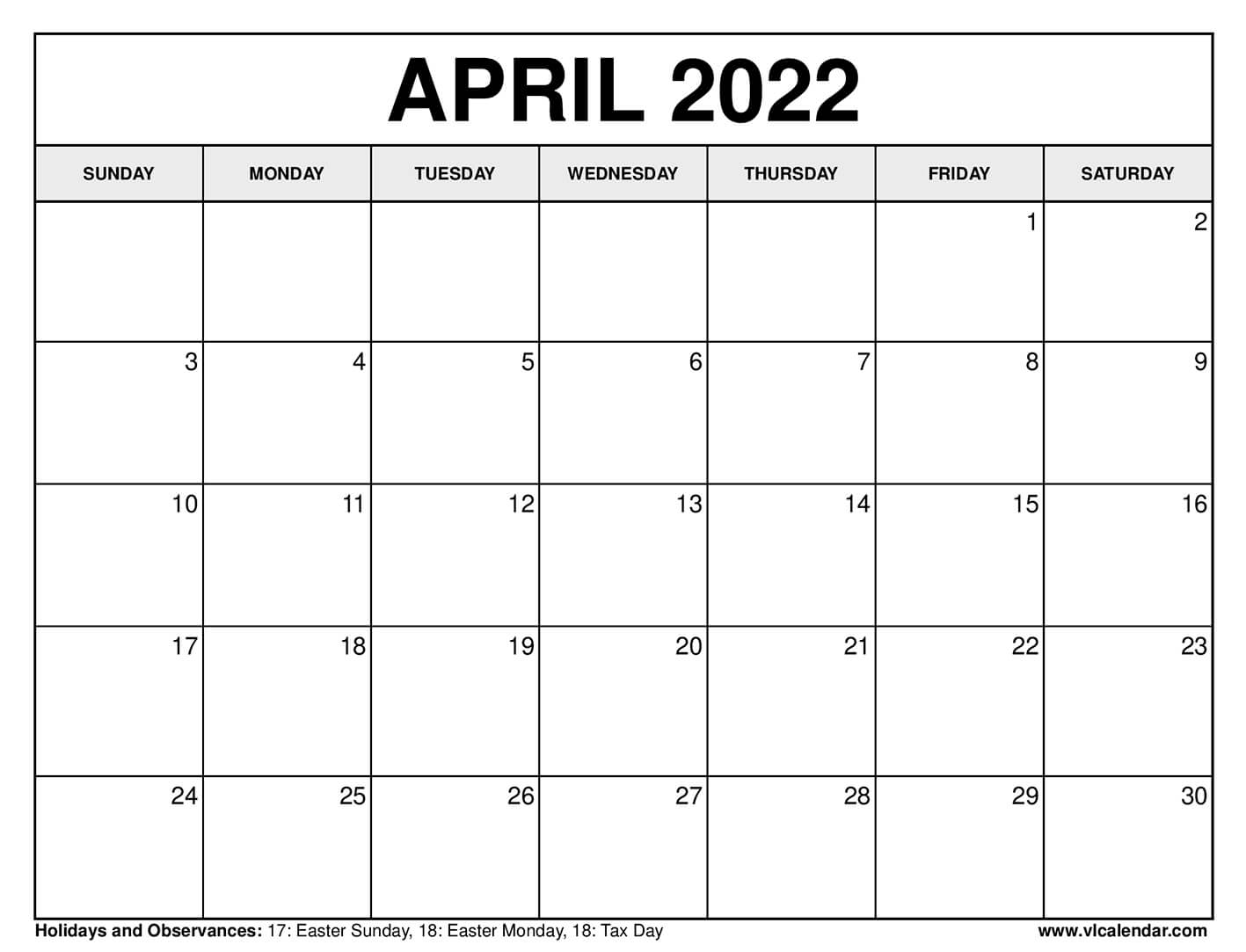 April 2022 Weekly Printable Calendar