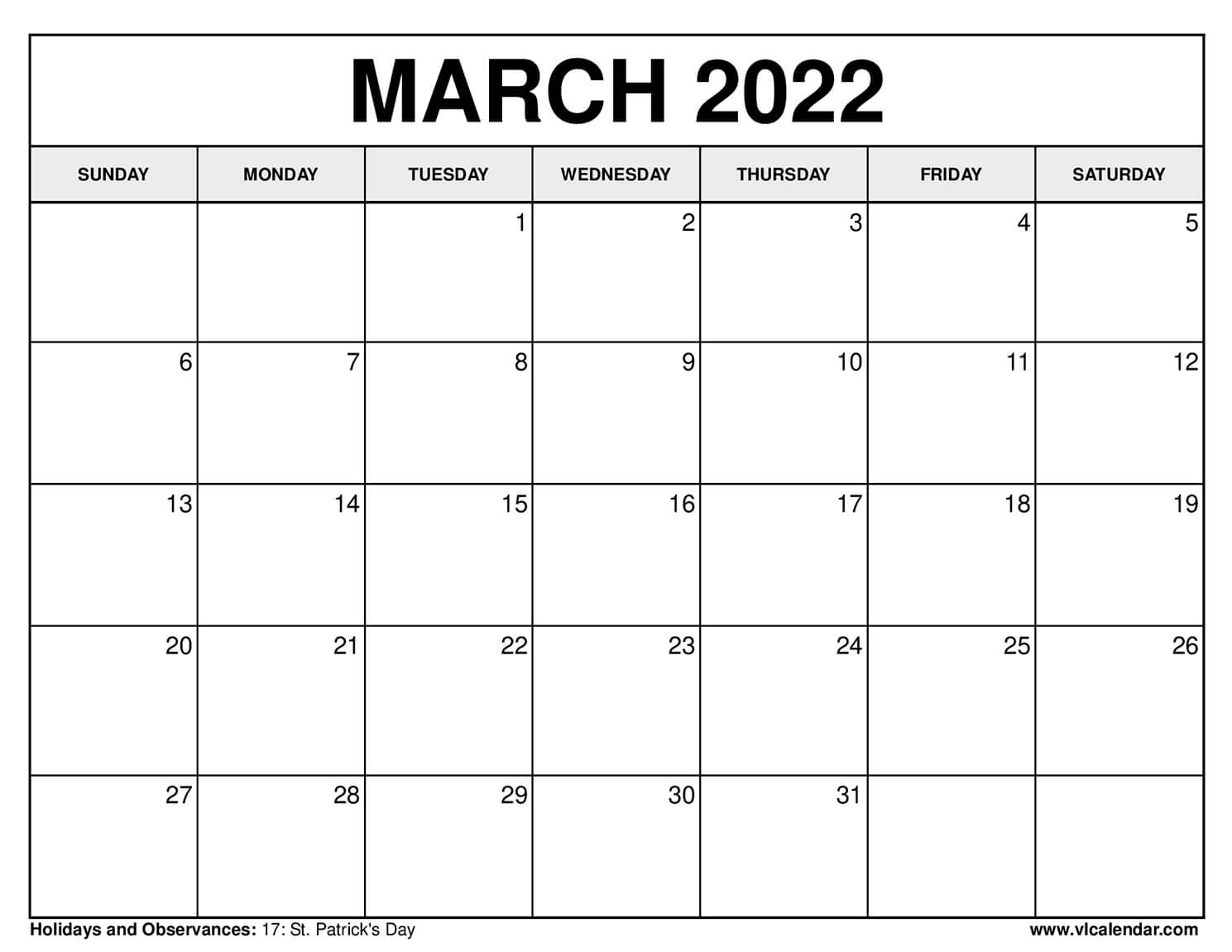 Printable March 2022 Calendar Templates with Holidays VL Calendar