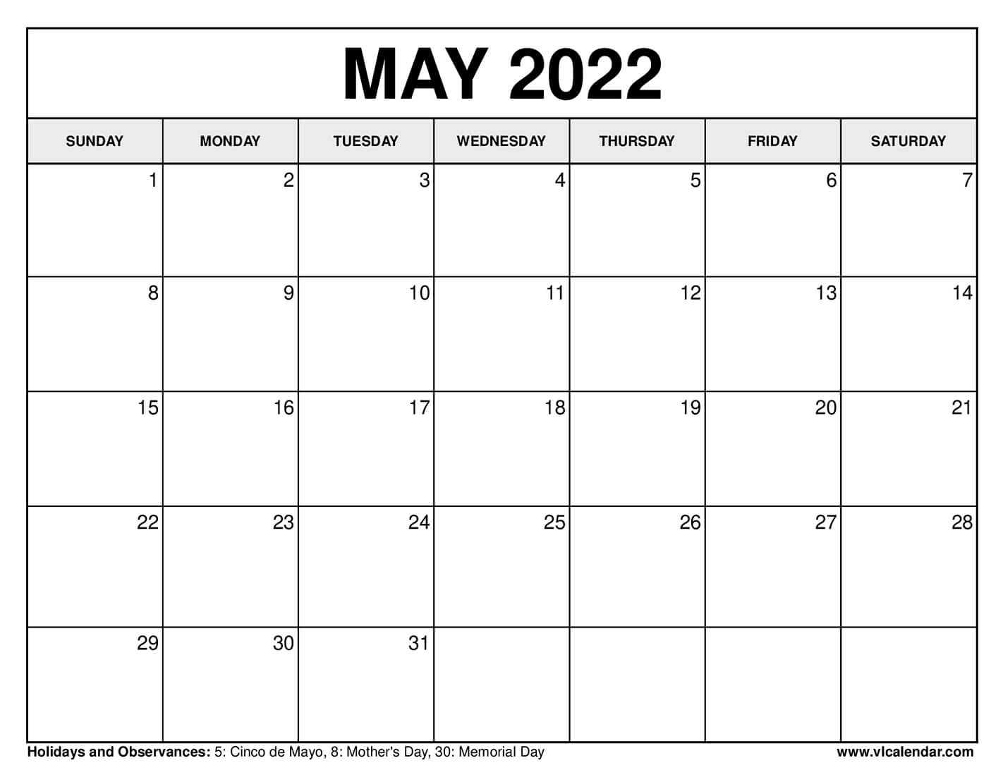 Get Free Printable Calendar 2022 May Images All In Here