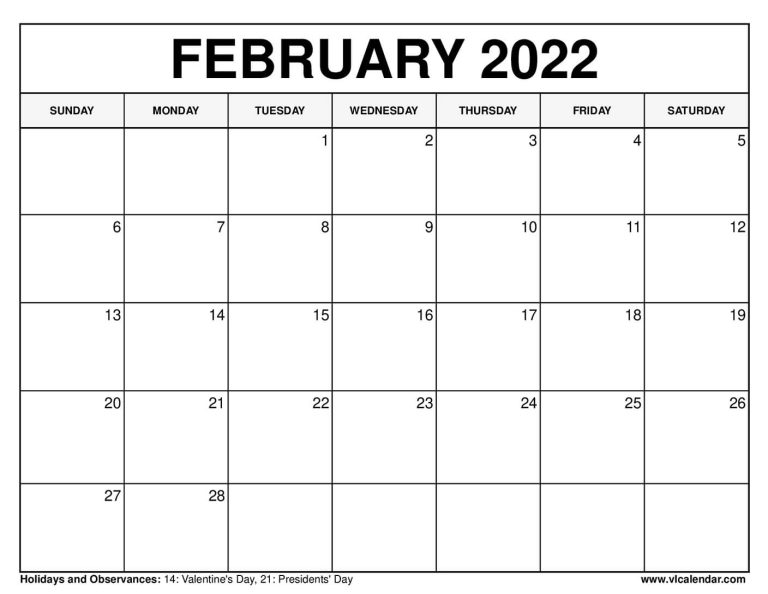 Printable February 2022 Calendar Templates with Holidays VL Calendar