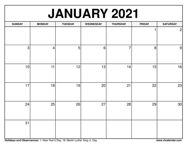 Printable January 2021 Calendar Templates with Holidays