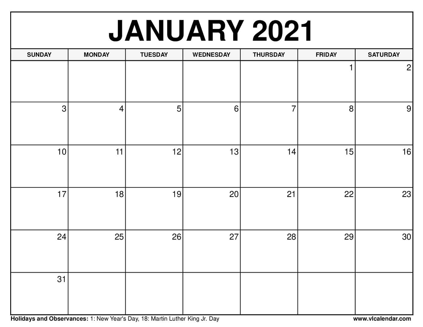 Printable January 2021 Calendar Templates with Holidays