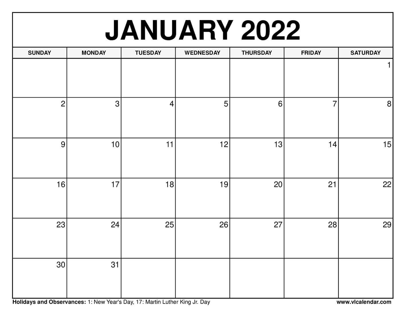 Printable January 2022 Calendar Templates with Holidays VL Calendar