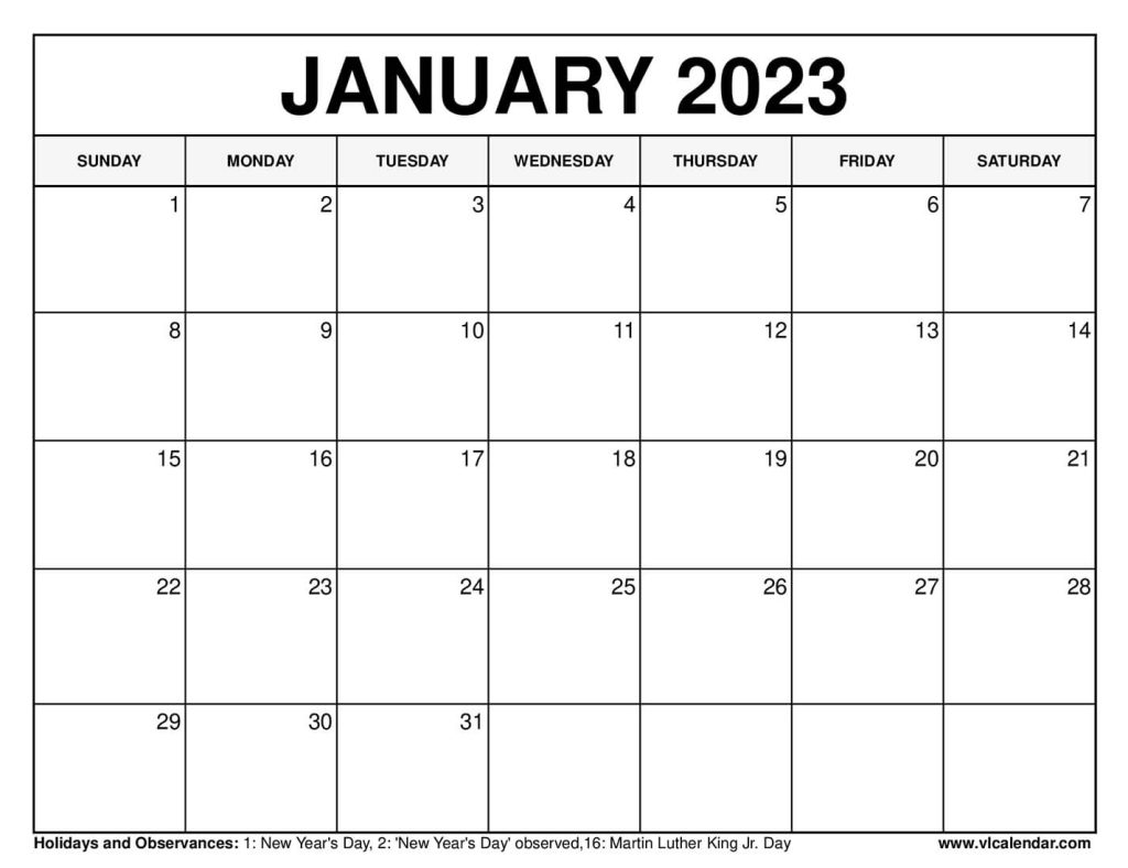 January 2023 Calendar Printable Templates with Holidays