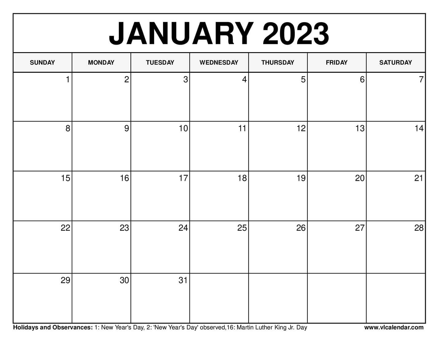January 2023 Calendar Printable Templates with Holidays