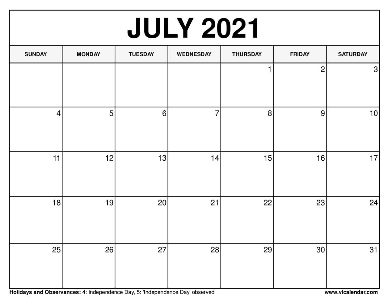 Printable July 2021 Calendar Templates with Holidays