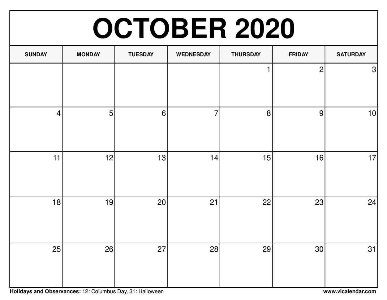 October 2020 Calendar