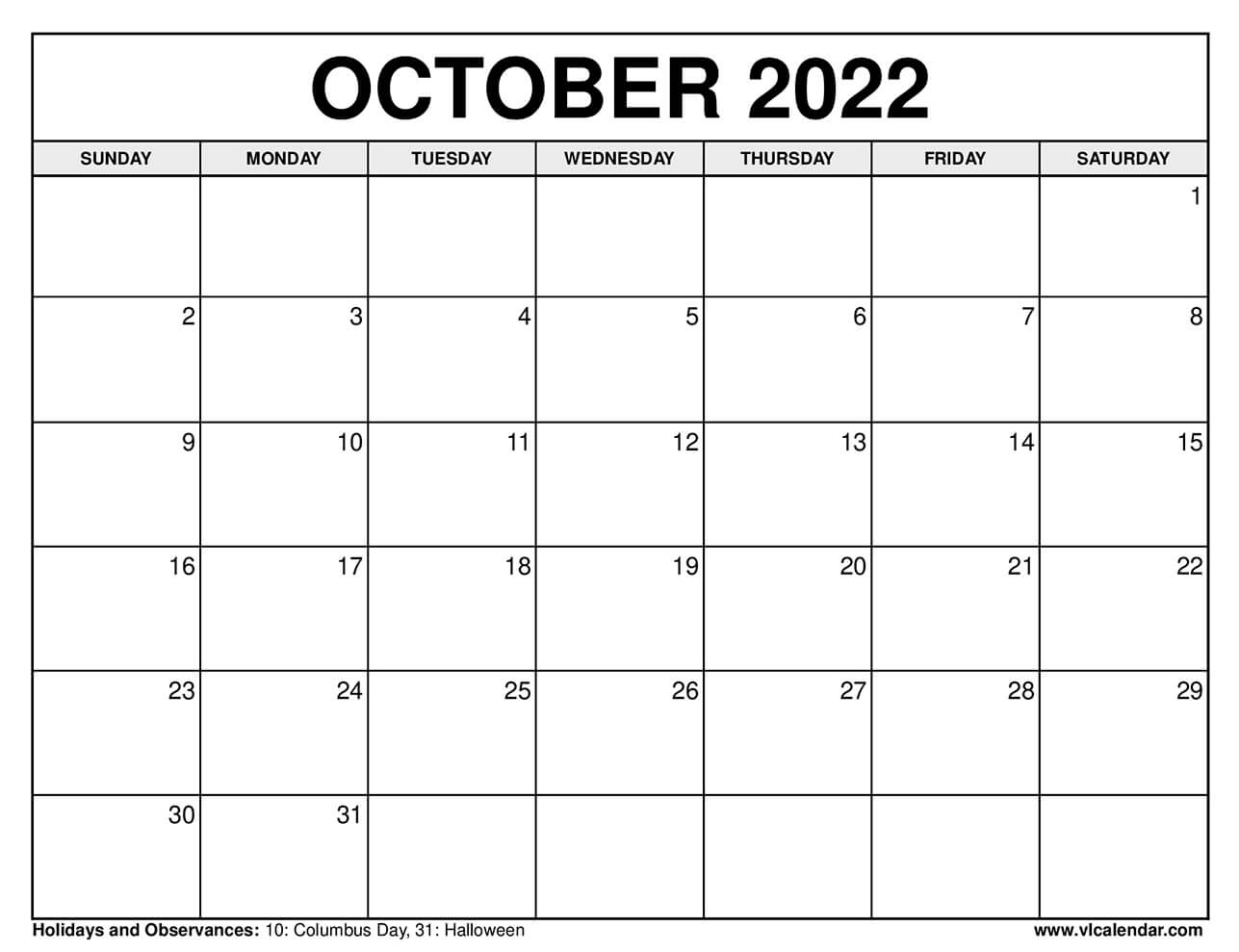 Printable October 2022 Calendar Templates With Holidays VL Calendar