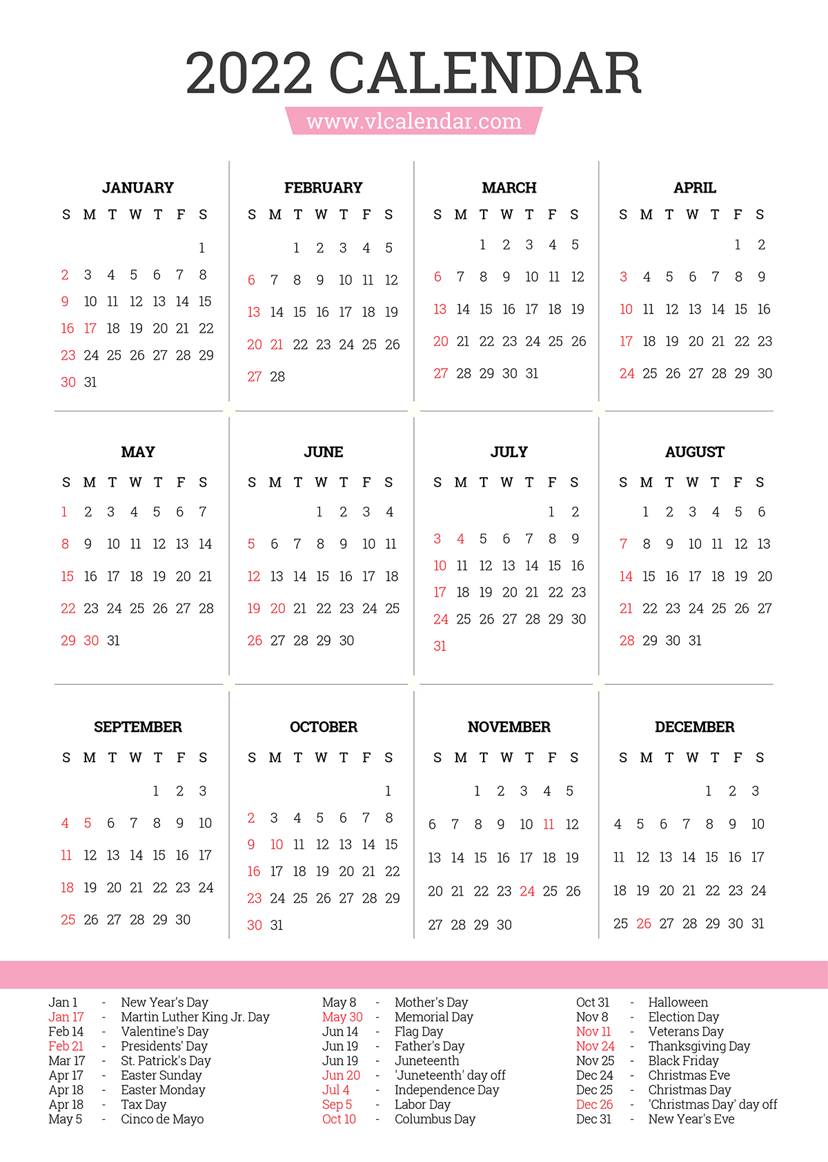 Year 2022 Calendar Printable Templates With Holidays - Vl Calendar