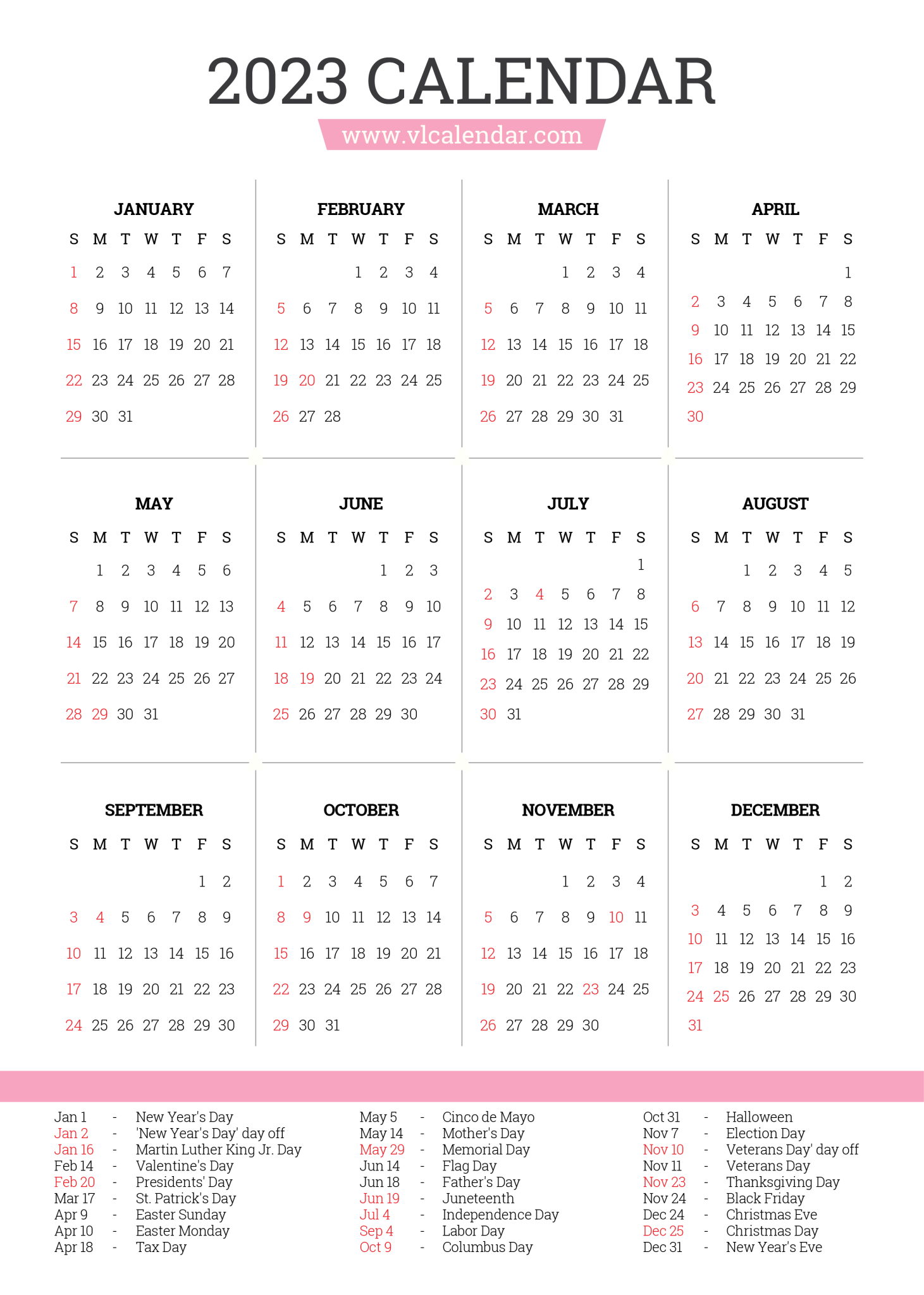 Year 2023 Calendar Printable Templates With Holidays Vl Calendar