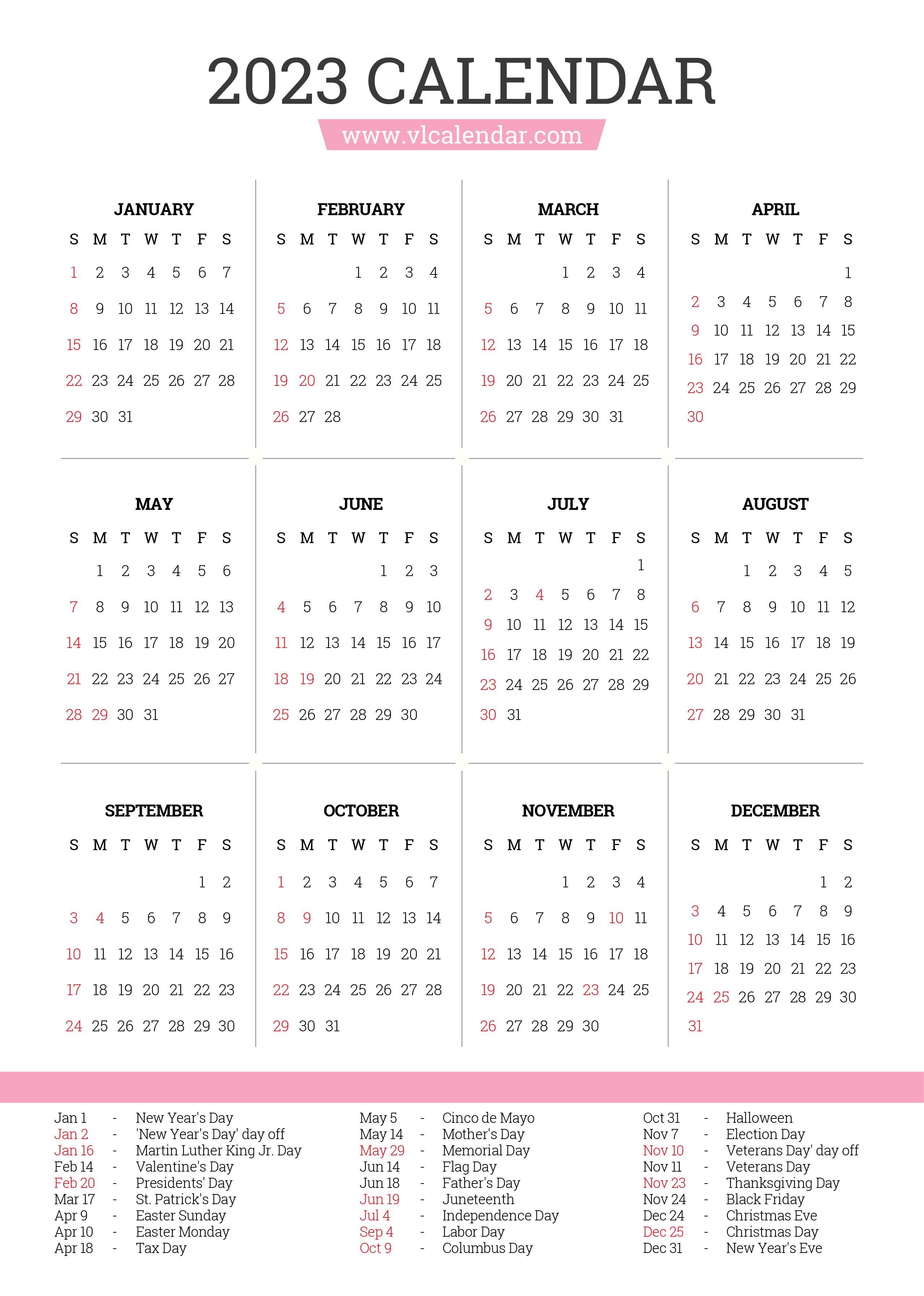 2023 Calendar Printable with Holidays