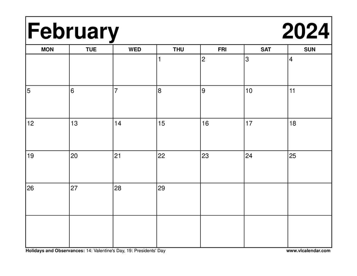 February 2024 Calendar Monday Start