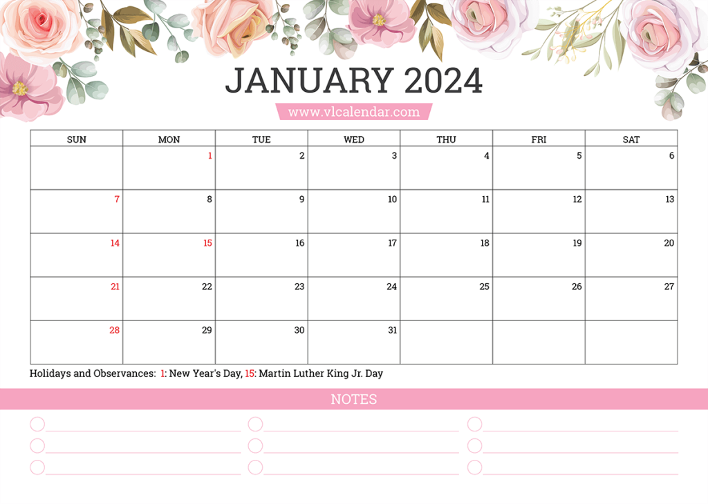 January 2024 Calendar Printable Template with Holidays