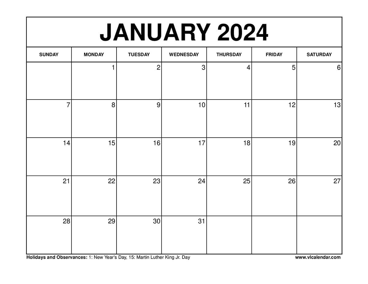January 2024 Calendar Printable Template with Holidays