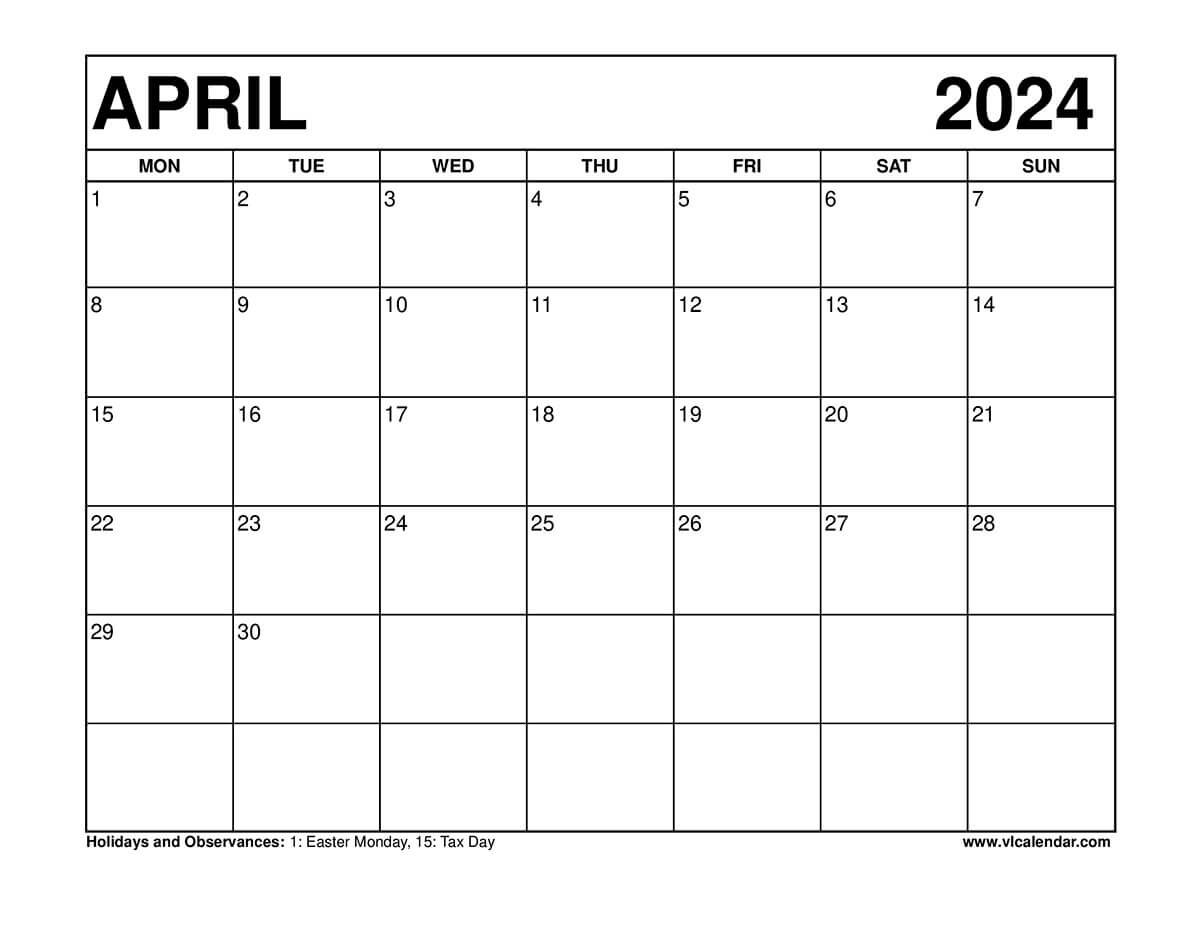 April 2024 Calendar Monday Start
