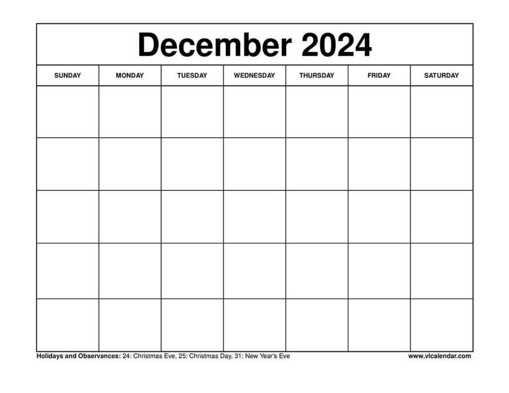 December 2024 Calendar Printable Templates with Holidays