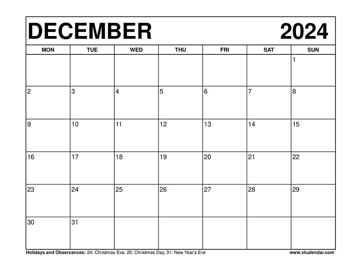 December 2024 Calendar Monday Start