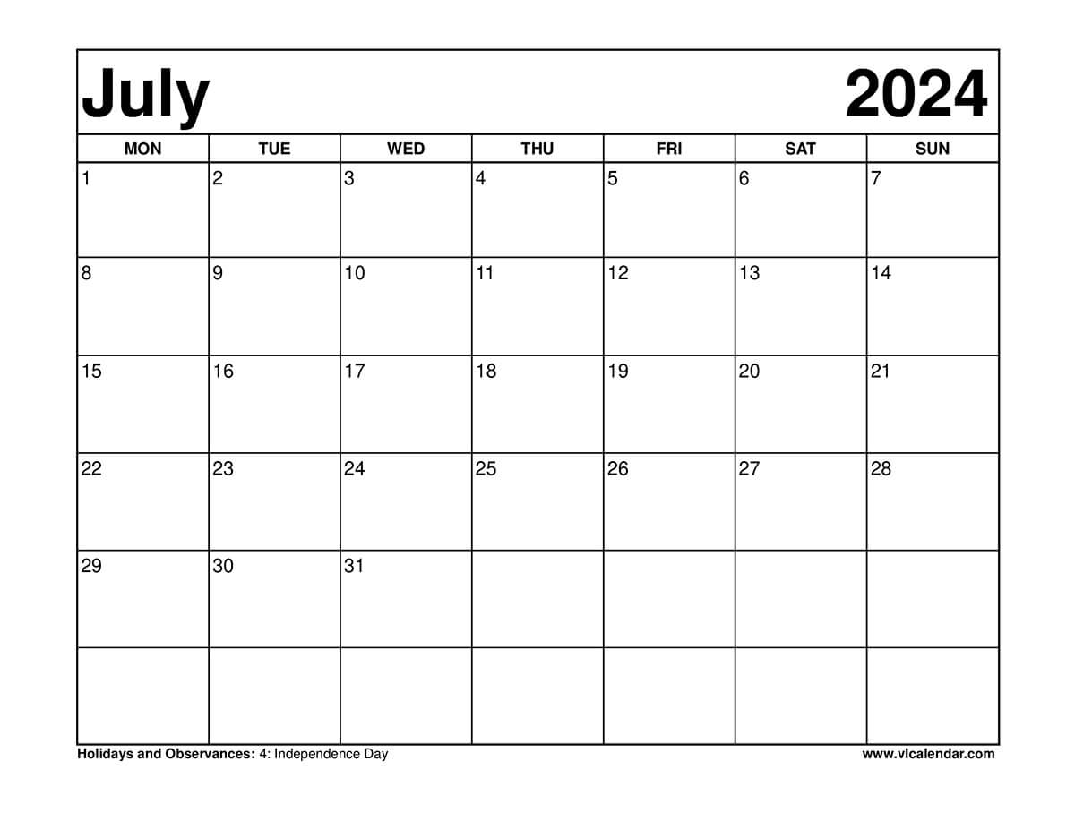 July 2024 Calendar Monday Start