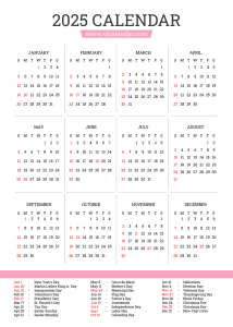 Printable Year 2025 Calendar with Holidays