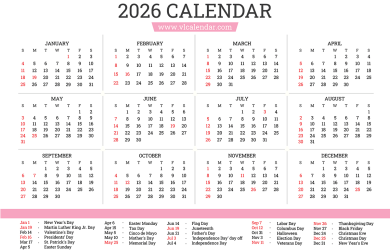 2026 Yearly Calendar with US Holidays and Observances