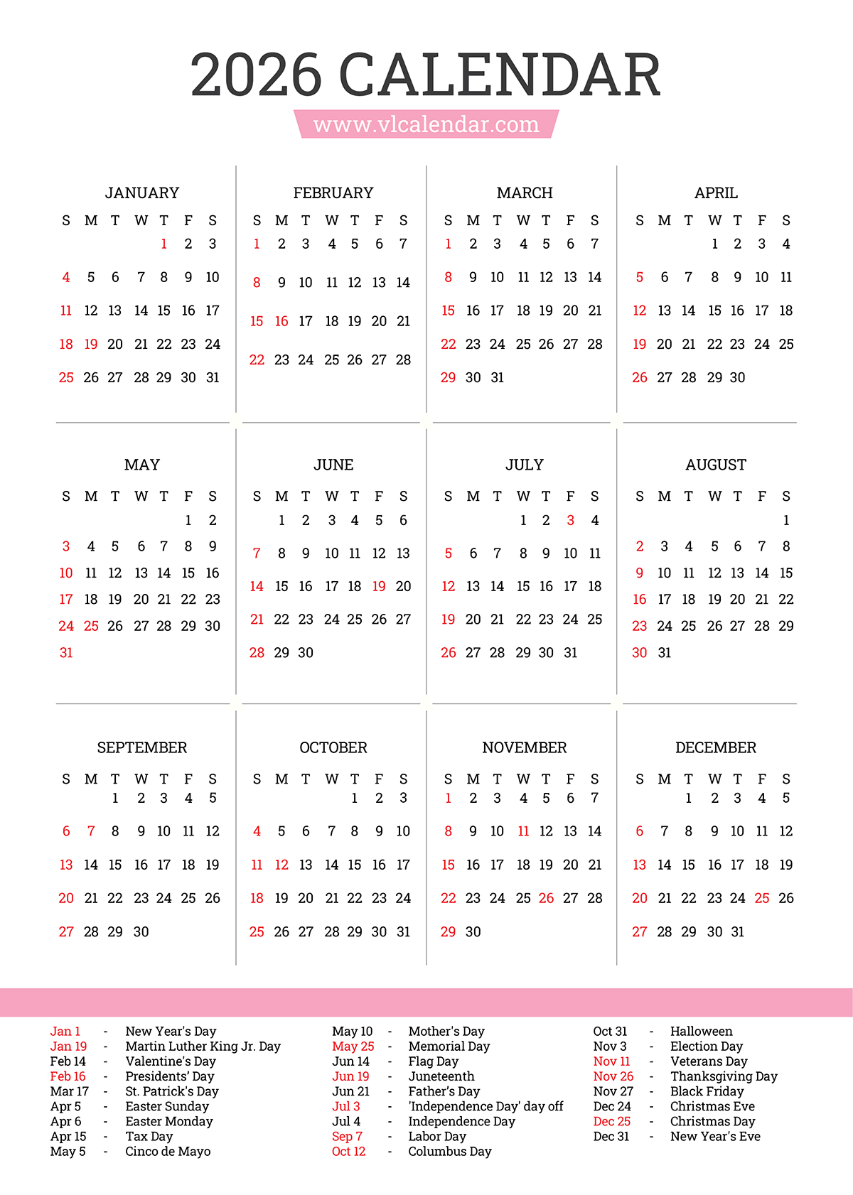 Printable 2026 Yearly Calendar Template PDF