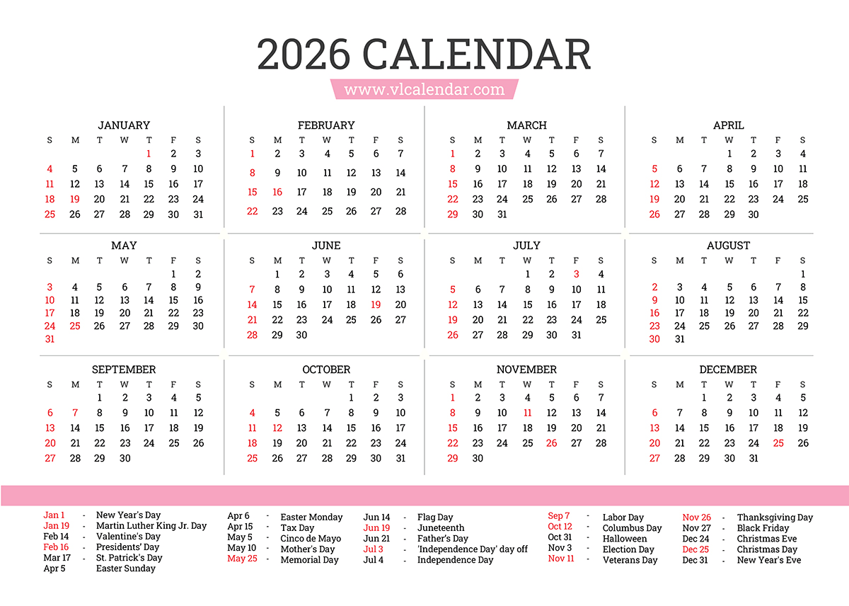 2026 Yearly Calendar with US Holidays and Observances