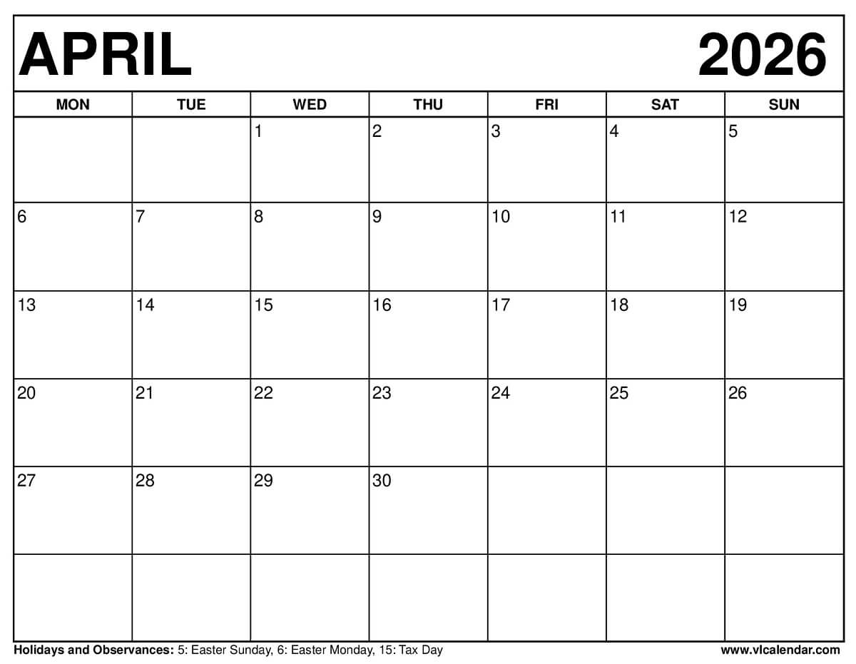 April 2026 Calendar Monday Start April 2026 Calendar Monday Start