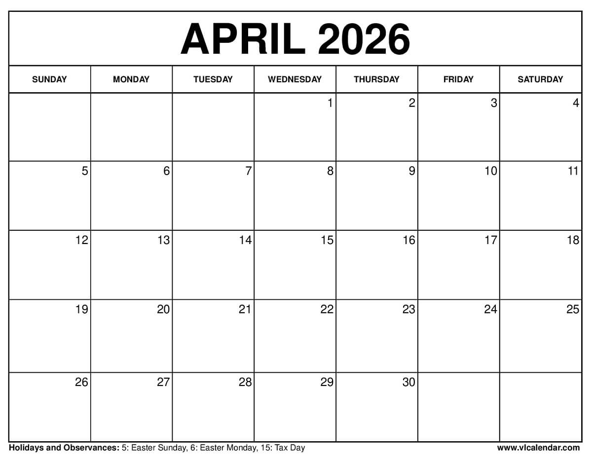 April 2026 Calendar April 2026 Calendar