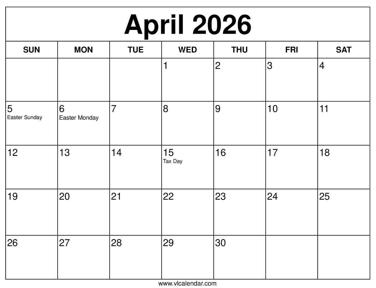 Printable April 2026 Calendar Printable April 2026 Calendar